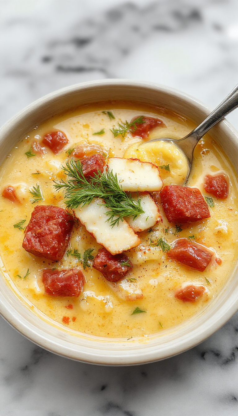 Un tazón hondo de sopa de ditalini italiana con trozos de salchicha italiana y una crema de parmesano suave en la superficie, adornado con queso parmesano rallado y perejil fresco, rodeado de una cuchara de madera y un plato con pan crujiente en el fondo. La sopa tiene un color cálido y apetitoso, con fideos pequeños y trozos de salchicha visibles en un caldo cremoso y tostado.