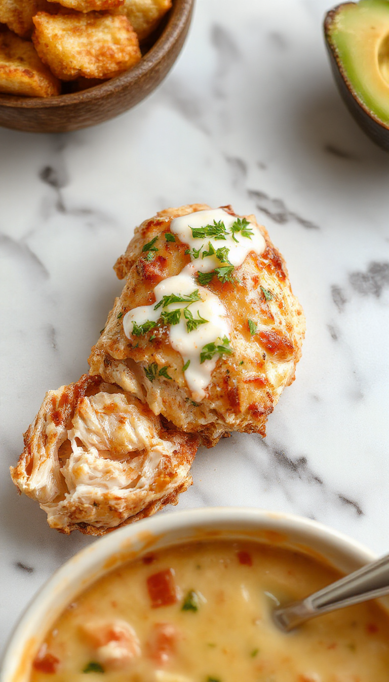 Un plato de pollo cremoso con una salsa blanca espesa y suave, cubierto con especias y trozos de pollo jugoso en un recipiente de cerámica rústica. Se acompaña con ramitas de perejil fresco y una cucharada de salsa ranch, todo presentado sobre una mesa de madera natural con utensilios de cocina a la vista.