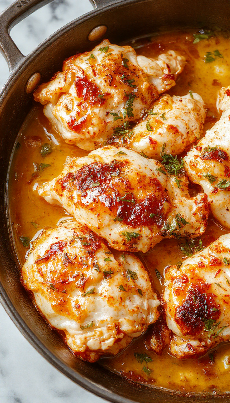 Un plato de pollo mediterráneo en olla de cocción lenta, con trozos dorados de pollo en salsa roja con verduras coloridas como pimientos y aceitunas, servido en un plato rústico sobre una mesa de madera con ambientación cálida y fresca.