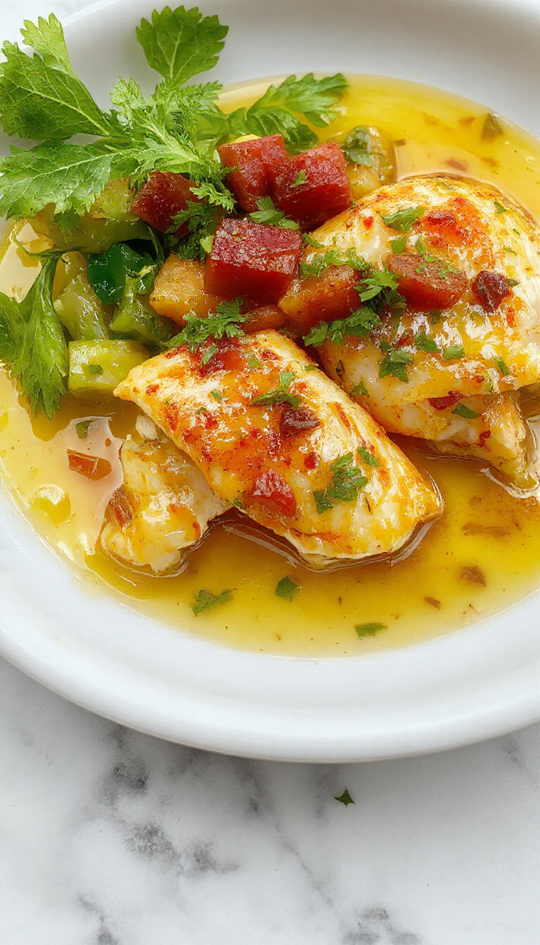 A close-up of tender, shredded chicken coated in a glossy butter sauce, served in a rustic bowl. The dish is garnished with fresh herbs, with steam gently rising, highlighting its warm, savory appeal.