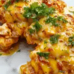 Un plato de pollo a la mantequilla en una olla de cocción lenta, con trozos dorados y suculentos cubiertos de una salsa brillante y cremosa. La presentación muestra el pollo servido sobre arroz blanco, con un toque de perejil fresco y rodajas de limón en el lateral, resaltando su aspecto tierno y jugoso bajo una luz cálida.