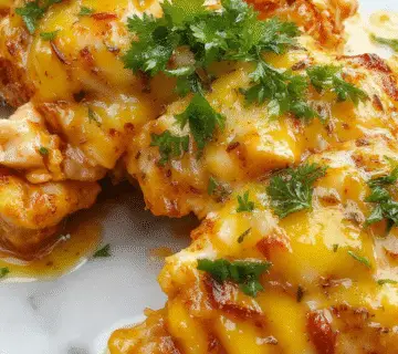 Un plato de pollo a la mantequilla en una olla de cocción lenta, con trozos dorados y suculentos cubiertos de una salsa brillante y cremosa. La presentación muestra el pollo servido sobre arroz blanco, con un toque de perejil fresco y rodajas de limón en el lateral, resaltando su aspecto tierno y jugoso bajo una luz cálida.