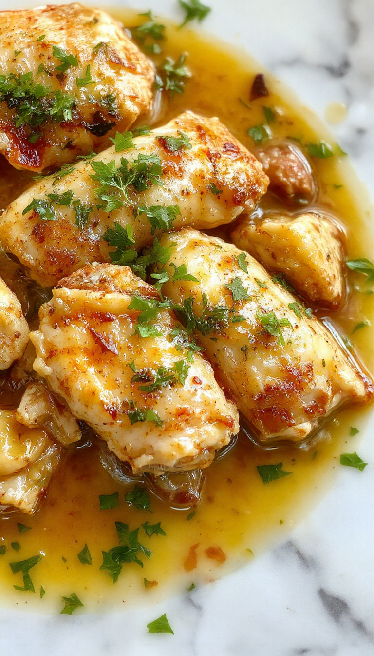 Plato de pollo a la mantequilla servido en una olla, con trozos dorados y jugosos, rodeado de salsa cremosa y aromática, con arroz blanco en el fondo y decorado con hierbas frescas