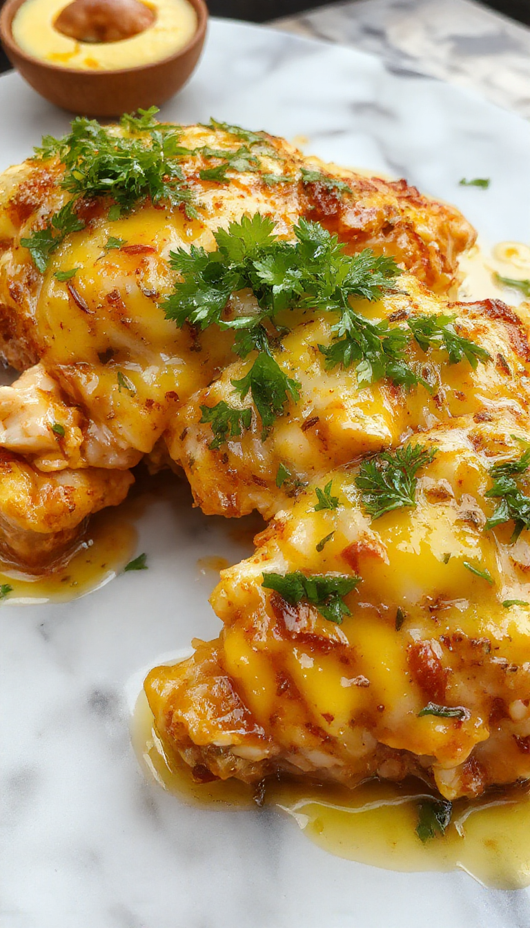 Un plato de pollo a la mantequilla en una olla de cocción lenta, con trozos dorados y suculentos cubiertos de una salsa brillante y cremosa. La presentación muestra el pollo servido sobre arroz blanco, con un toque de perejil fresco y rodajas de limón en el lateral, resaltando su aspecto tierno y jugoso bajo una luz cálida.