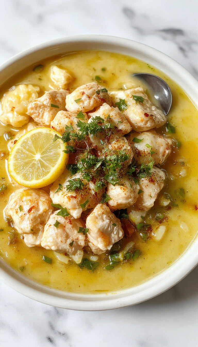 Un plato de pollo con limón y hierbas se presenta en un plato blanco sobre una mesa de madera, acompañado de arroz esponjoso y decorado con rodajas de limón y ramitas de hierbas frescas. La textura del pollo se ve jugosa y dorada, con un brillo suave. El arroz en el plato complementa visualmente, con granos sueltos y aromáticos, creando un contraste atractivo de colores y texturas.