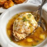 Plato de pollo en salsa dorada con glaseado de miel y mostaza, servido en una olla de cocción lenta. El pollo está tierno y jugoso, rodeado de una salsa brillante y color miel, con un toque de mostaza visible en la superficie. La presentación muestra el pollo en trozos con un acabado apetitoso, acompañado de vegetales cocidos y un chorrito de miel en el plato, con un fondo cálido y acogedor que resalta su aspecto casero.