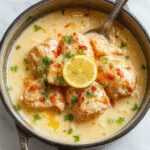 Plato de pollo con hierbas y limón servido sobre una cama de arroz en una olla de cocción lenta. El pollo está dorado con un toque de hierbas verdes y limón en rodajas, con un arroz esponjoso y ligeramente amarillo en el fondo. La presentación es acogedora y rústica, con el pollo glaseado y las hierbas frescas decorando el plato.