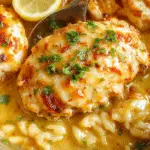 Plato de pollo con hierbas y limón en un plato rústico, acompañado de arroz suelto y esponjoso en una olla de cocción lenta. El pollo tiene un glaseado dorado y está decorado con rodajas de limón y hierbas frescas, con un toque brillante y jugoso, todo en un estilo apetitoso y bien presentado.