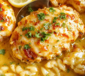 Plato de pollo con hierbas y limón en un plato rústico, acompañado de arroz suelto y esponjoso en una olla de cocción lenta. El pollo tiene un glaseado dorado y está decorado con rodajas de limón y hierbas frescas, con un toque brillante y jugoso, todo en un estilo apetitoso y bien presentado.