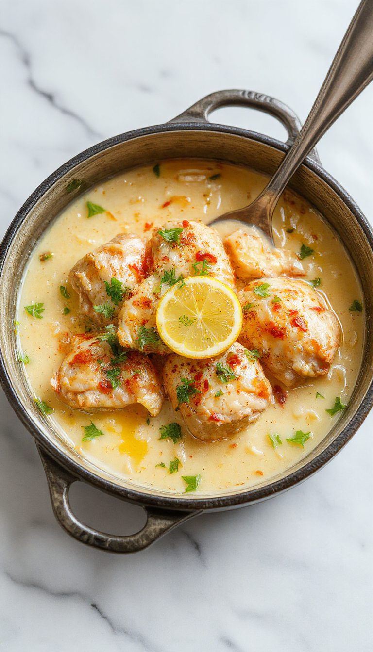 Plato de pollo con hierbas y limón servido sobre una cama de arroz en una olla de cocción lenta. El pollo está dorado con un toque de hierbas verdes y limón en rodajas, con un arroz esponjoso y ligeramente amarillo en el fondo. La presentación es acogedora y rústica, con el pollo glaseado y las hierbas frescas decorando el plato.