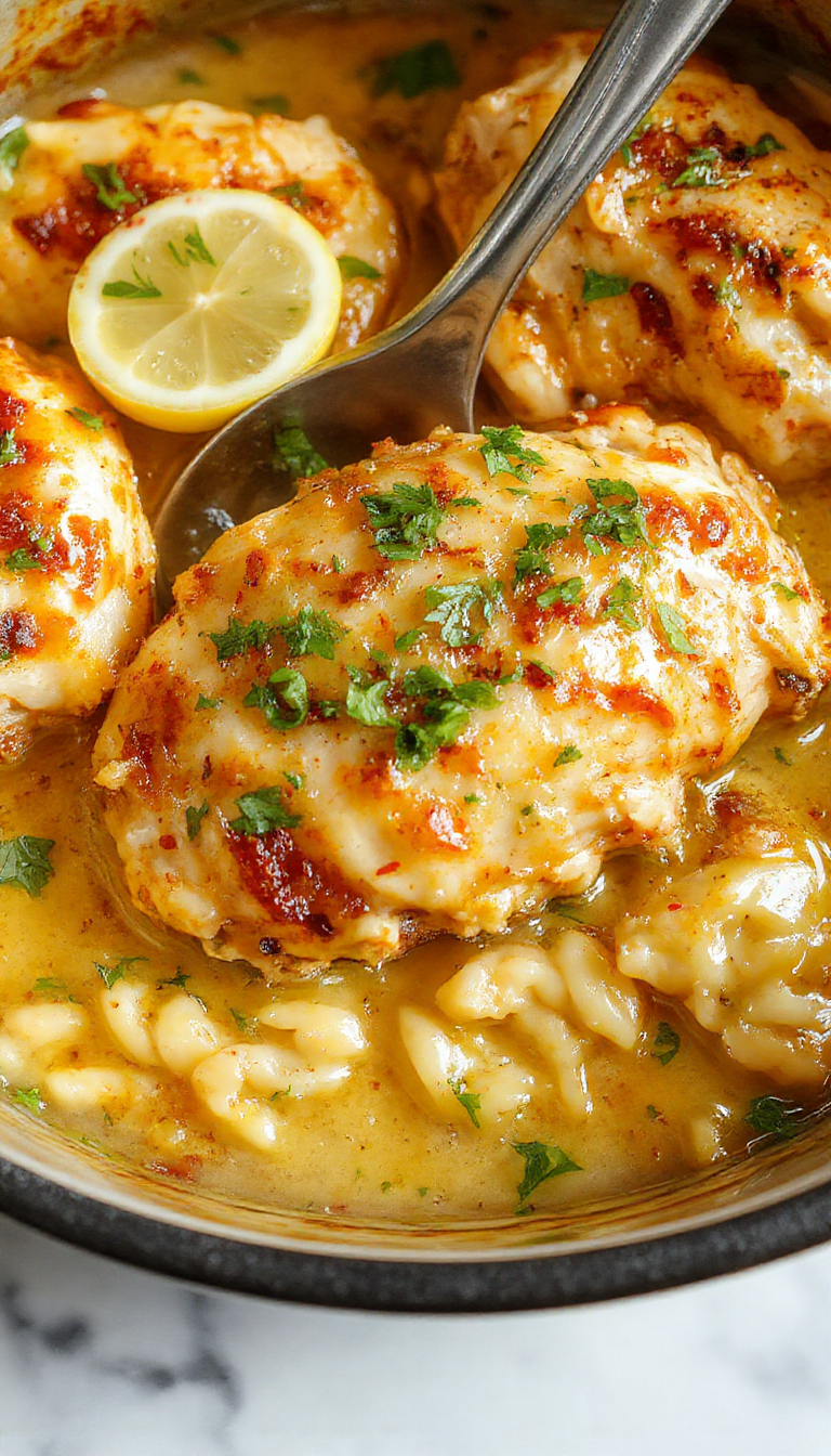 Plato de pollo con hierbas y limón en un plato rústico, acompañado de arroz suelto y esponjoso en una olla de cocción lenta. El pollo tiene un glaseado dorado y está decorado con rodajas de limón y hierbas frescas, con un toque brillante y jugoso, todo en un estilo apetitoso y bien presentado.