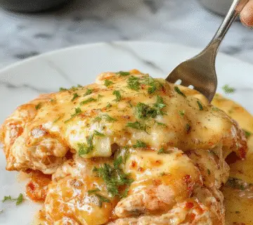 Plato de pollo con mozzarella en salsa cremosa de albahaca, presentado en un plato blanco con mozzarella derretida cubriendo el pollo, rodeado de hojas de albahaca fresca y una salsa verde vibrante, textura cremosa con el queso fundido y pollo dorado en la superficie