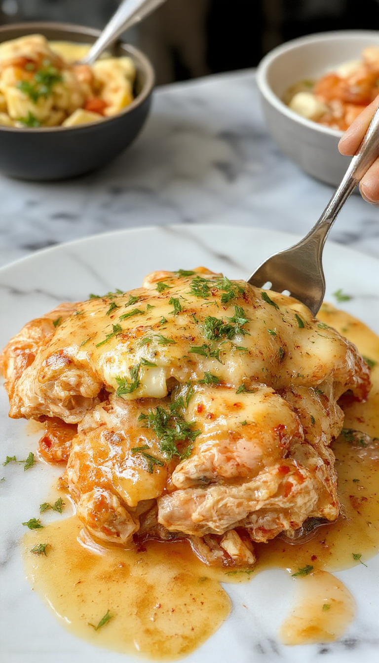 Plato de pollo con mozzarella en salsa cremosa de albahaca, presentado en un plato blanco con mozzarella derretida cubriendo el pollo, rodeado de hojas de albahaca fresca y una salsa verde vibrante, textura cremosa con el queso fundido y pollo dorado en la superficie