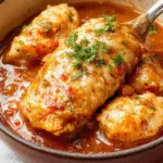 Plato de pollo cremoso en olla de cocción lenta, con trozos de pollo dorados en una salsa espesa y brillante, acompañado de verduras coloridas y servido en un cuenco rústico en un fondo cálido y acogedor.