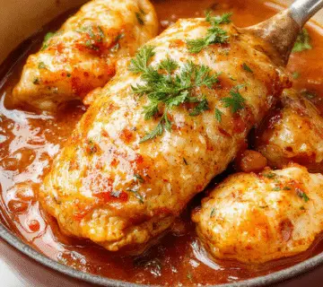 Plato de pollo cremoso en olla de cocción lenta, con trozos de pollo dorados en una salsa espesa y brillante, acompañado de verduras coloridas y servido en un cuenco rústico en un fondo cálido y acogedor.