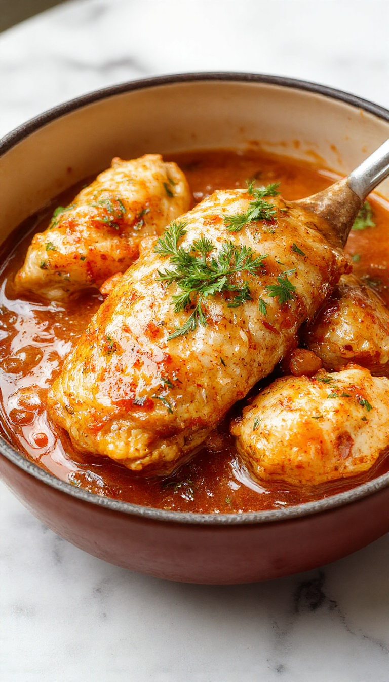 Plato de pollo cremoso en olla de cocción lenta, con trozos de pollo dorados en una salsa espesa y brillante, acompañado de verduras coloridas y servido en un cuenco rústico en un fondo cálido y acogedor.