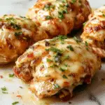 A golden-brown baked pollo parmesano dish topped with melted melted cheese, garnished with fresh basil leaves on a rustic white ceramic plate, eggplant slices and tomato sauce visible around the chicken, crisp edges and gooey cheese contrast with the tender chicken inside