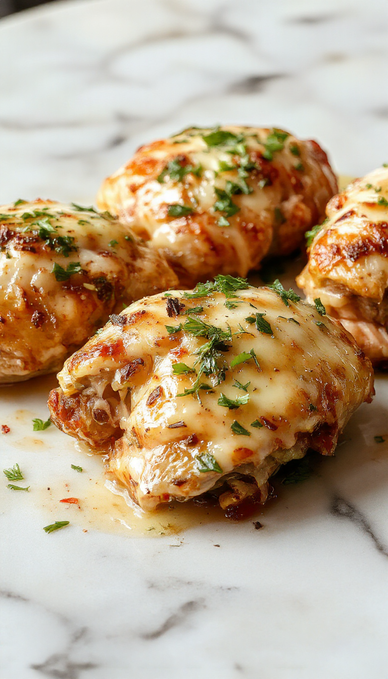 A golden-brown baked pollo parmesano dish topped with melted melted cheese, garnished with fresh basil leaves on a rustic white ceramic plate, eggplant slices and tomato sauce visible around the chicken, crisp edges and gooey cheese contrast with the tender chicken inside