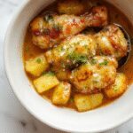 Plato de pollo y patatas en una olla de cocción lenta, con pollo dorado y jugoso, cubierto con queso parmesano fundido y finamente picado ajo, acompañado de tiernas patatas doradas. La presentación es hogareña, mostrando el plato caliente en un plato rústico con un fondo neutro que resalta los colores dorados y el aroma apetitoso.
