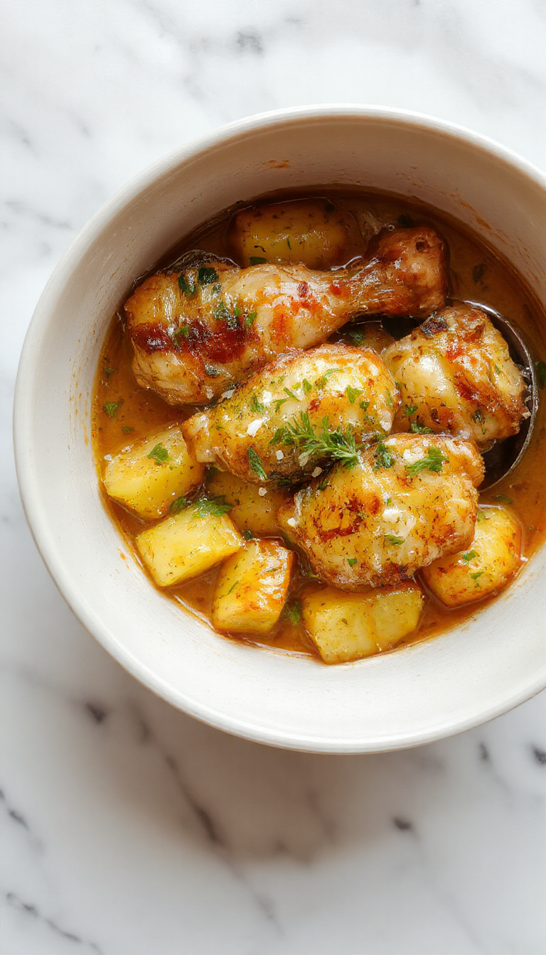 Plato de pollo y patatas en una olla de cocción lenta, con pollo dorado y jugoso, cubierto con queso parmesano fundido y finamente picado ajo, acompañado de tiernas patatas doradas. La presentación es hogareña, mostrando el plato caliente en un plato rústico con un fondo neutro que resalta los colores dorados y el aroma apetitoso.