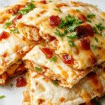A golden-brown quesadilla sliced in half to reveal a melted cheesy interior with visible bits of crispy bacon and tender chicken, garnished with fresh herbs on a white plate