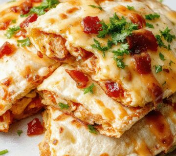 A golden-brown quesadilla sliced in half to reveal a melted cheesy interior with visible bits of crispy bacon and tender chicken, garnished with fresh herbs on a white plate