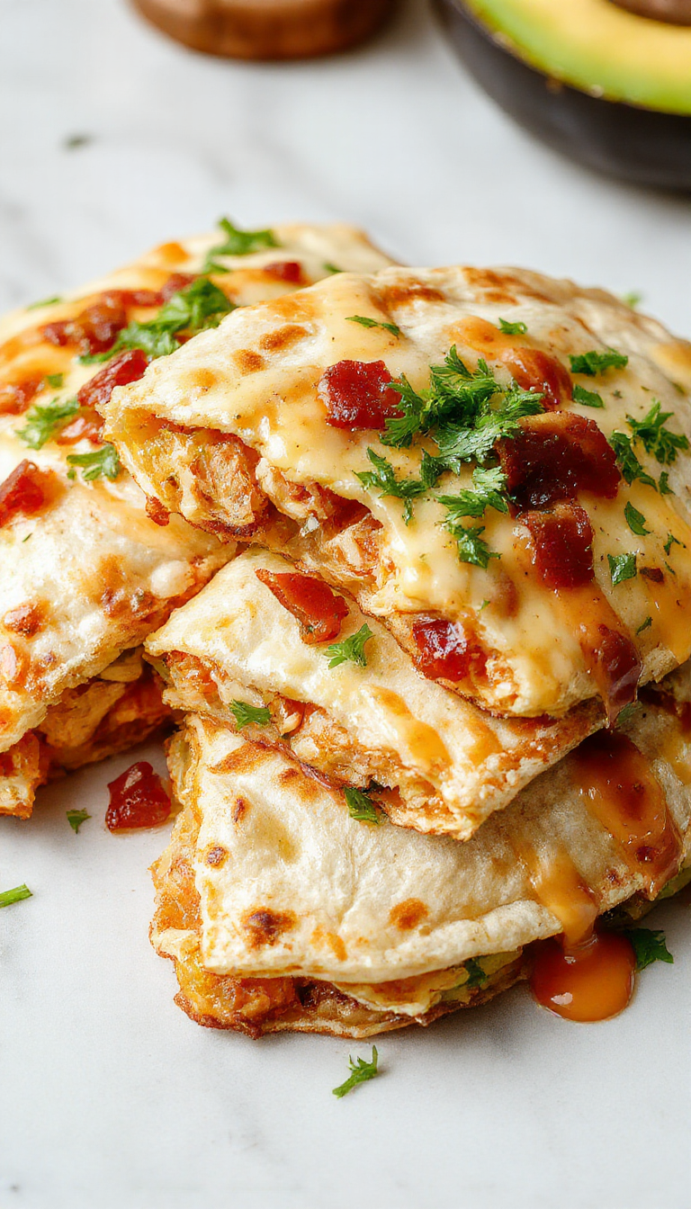 A golden-brown quesadilla sliced in half to reveal a melted cheesy interior with visible bits of crispy bacon and tender chicken, garnished with fresh herbs on a white plate