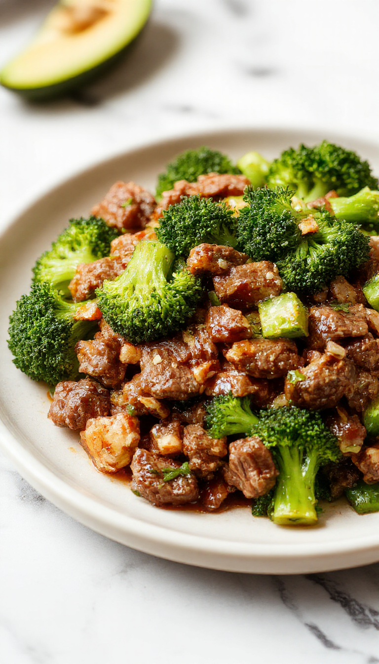 A vibrant stir-fry featuring tender ground beef glazed with a glossy honey garlic sauce, nestled among bright green broccoli florets on a white plate. The dish is garnished with a sprinkle of sesame seeds and chopped green onions, with a sautéed garlic clove visible at the edge, all set against a rustic wooden table.