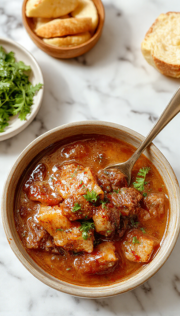 A close-up of a rich, hearty ragú de res served in a rustic bowl. The stew features tender chunks of beef coated in a glossy, savory tomato-based sauce, garnished with fresh herbs and accompanied by a side of crusty bread. The background showcases a wooden table with steam rising from the warm dish, highlighting its comforting appeal.