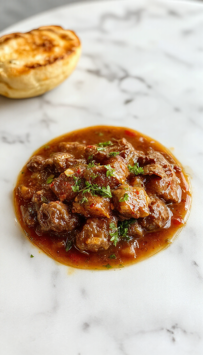 Un plato de ragú de carne de res en una cacerola, con carne tierna y salsa espesa, adornado con hierbas frescas y servido sobre pasta o acompañado de verduras. La carne se ve jugosa, con trozos grandes y bien cocidos, con un rico color marrón profundo y una textura suave. La presentación muestra el ragú en un plato rústico, resaltando su consistencia cremosa y apetitoso acabado.