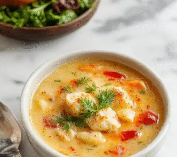 A steaming bowl of chicken gnocchi soup featuring soft, plump gnocchi immersed in a creamy, light-colored broth with bits of shredded chicken and herbs visible, garnished with a sprinkle of fresh parsley. The bowl is rustic and inviting, placed on a wooden table with a spoon resting beside it, showcasing a warm and hearty presentation.