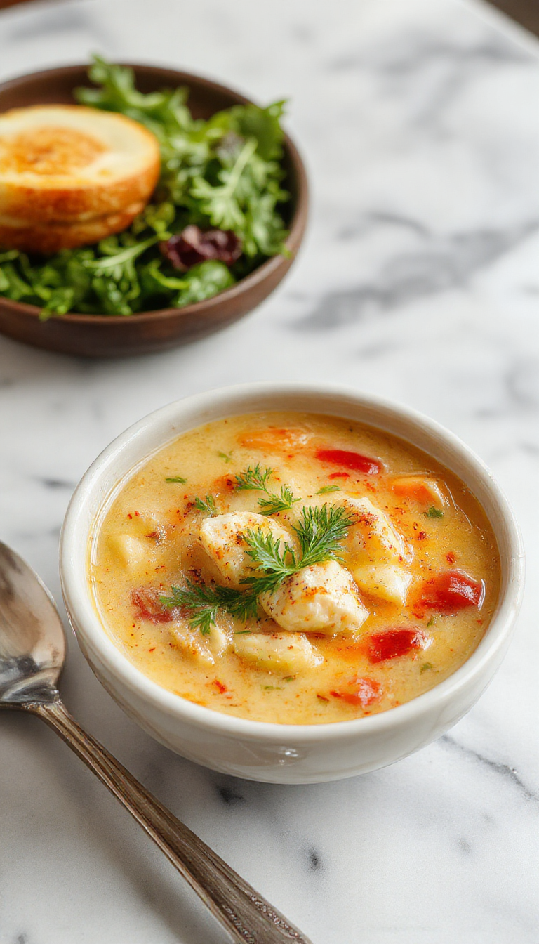 A steaming bowl of chicken gnocchi soup featuring soft, plump gnocchi immersed in a creamy, light-colored broth with bits of shredded chicken and herbs visible, garnished with a sprinkle of fresh parsley. The bowl is rustic and inviting, placed on a wooden table with a spoon resting beside it, showcasing a warm and hearty presentation.