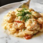 Un plato de orzo cremoso con trozos dorados de pollo, mezclado con hierbas frescas y una salsa suave, presentado en un plato hondo blanco y rodeado de ingredientes frescos. La textura cremosa y los colores cálidos del pollo y el orzo resaltan en una presentación apetecible, con un fondo difuso que sugiere un entorno rústico y acogedor.