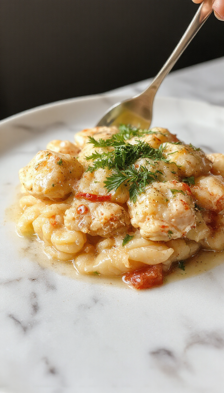 Un plato de orzo cremoso con trozos dorados de pollo, mezclado con hierbas frescas y una salsa suave, presentado en un plato hondo blanco y rodeado de ingredientes frescos. La textura cremosa y los colores cálidos del pollo y el orzo resaltan en una presentación apetecible, con un fondo difuso que sugiere un entorno rústico y acogedor.