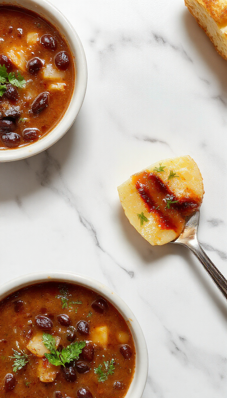 A bowl of hearty black bean and sweet potato soup garnished with fresh herbs, vibrant orange and deep black beans contrasting with creamy, orange chunks of sweet potato. The soup is served in a rustic ceramic bowl with steam rising, highlighting its warmth and inviting appearance. The background features a wooden table with a casual, cozy atmosphere, emphasizing comfort and homemade quality.