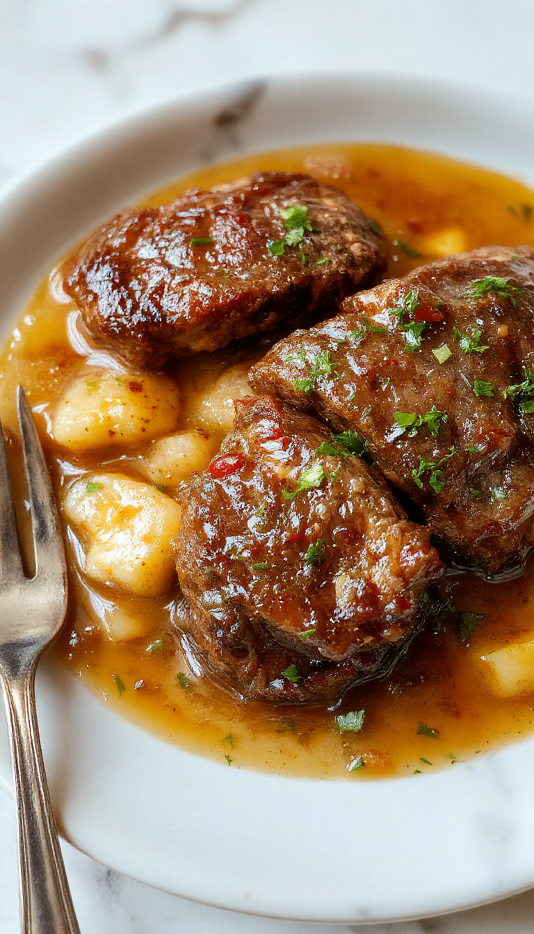 Un plato de Salisbury Steak con albóndigas doradas cubierto con una rica salsa marrón, acompañado de verduras y puré de papas, presentado en un plato rústico de cerámica en una mesa acogedora con fondo desenfocado, resaltando la textura jugosa de la carne y la salsa brillante.