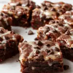 Un delicioso brownie de café glacero sobre un plato blanco, cubierto con un glaseado brillante y suave, adornado con una pizca de cacao en polvo y una ramita de menta, con algunos granos de café decorativos en el fondo. La textura del brownie se ve húmeda y esponjosa, con un acabado sedoso y tentador.