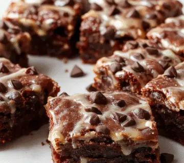Un delicioso brownie de café glacero sobre un plato blanco, cubierto con un glaseado brillante y suave, adornado con una pizca de cacao en polvo y una ramita de menta, con algunos granos de café decorativos en el fondo. La textura del brownie se ve húmeda y esponjosa, con un acabado sedoso y tentador.