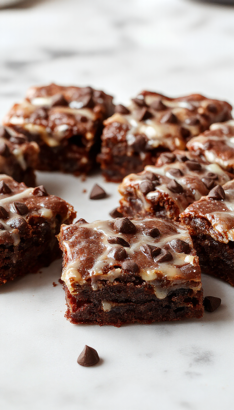 Un delicioso brownie de café glacero sobre un plato blanco, cubierto con un glaseado brillante y suave, adornado con una pizca de cacao en polvo y una ramita de menta, con algunos granos de café decorativos en el fondo. La textura del brownie se ve húmeda y esponjosa, con un acabado sedoso y tentador.