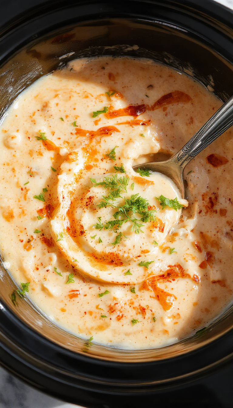 Cremoso dip de pollo buffalo en una taza blanca, adornado con gotas de salsa buffalo brillante y queso derretido, acompañado de palitos de apio y zanahoria al lado, todo sobre una mesa de madera rústica.