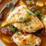 Un plato de estofado de pollo en una cazuela humeante, con trozos de pollo dorado, zanahorias, papas y cebollas en una salsa espesa y brillante, presentado en una olla de cocción lenta con adornos frescos de hierbas aromáticas.