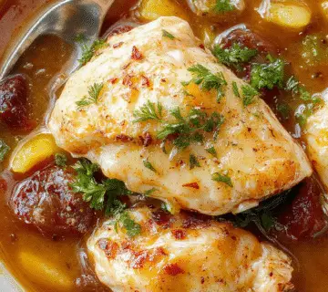Un plato de estofado de pollo en una cazuela humeante, con trozos de pollo dorado, zanahorias, papas y cebollas en una salsa espesa y brillante, presentado en una olla de cocción lenta con adornos frescos de hierbas aromáticas.