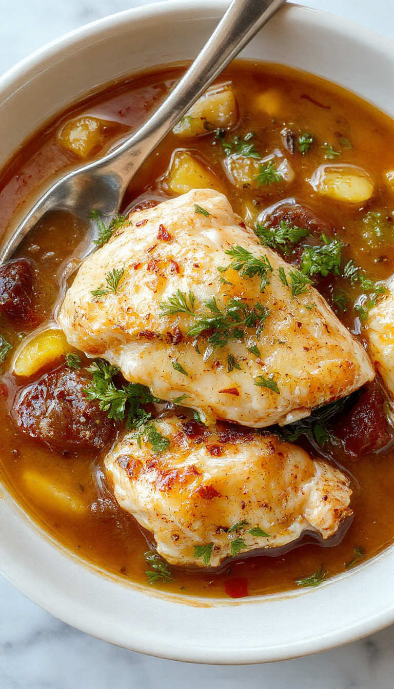 Un plato de estofado de pollo en una cazuela humeante, con trozos de pollo dorado, zanahorias, papas y cebollas en una salsa espesa y brillante, presentado en una olla de cocción lenta con adornos frescos de hierbas aromáticas.