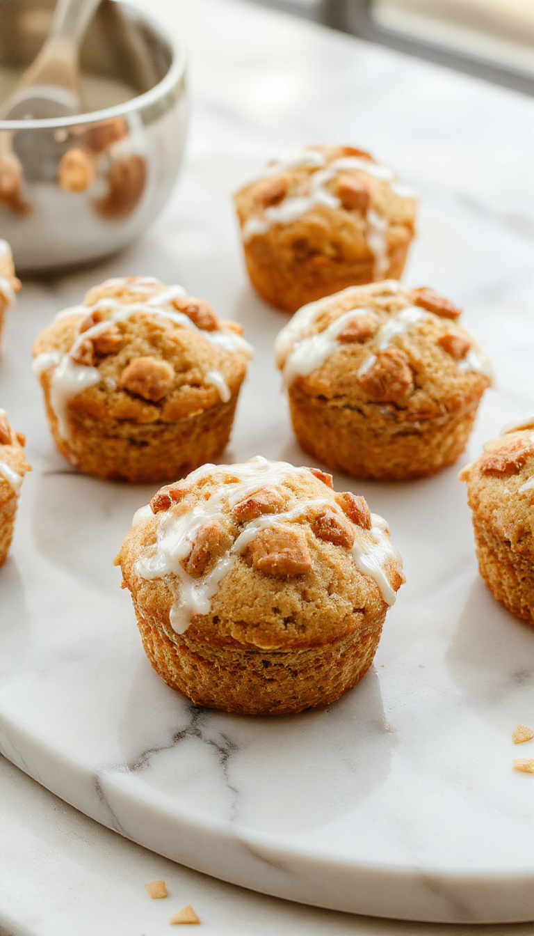 Un plato de muffins de pera especiada apilados en un plato blanco sobre una mesa de madera, con algunas peras frescas y especias como canela y nuez moscada dispersas alrededor. La corteza dorada y la textura esponjosa de los muffins son claramente visibles, con pedazos de pera en su interior. La presentación es acogedora y otoñal, con un fondo suave y cálido que realza los tonos cálidos de los muffins y las peras.