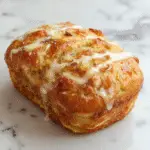 A golden-brown apple cinnamon bread loaf sliced to reveal a moist, swirled interior with visible chunks of apple and cinnamon evenly distributed, garnished with a sprinkle of powdered sugar on a rustic wooden platter, with a warm-toned background and soft lighting highlighting its inviting texture.