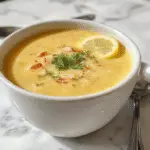 A creamy artichoke soup in a shallow bowl, garnished with lemon zest and fresh herbs. The soup has a velvety texture with a pale green hue, contrasted with bright yellow lemon slices on top. The bowl rests on a rustic wooden table, with a lemon wedge and sprigs of herbs nearby, evoking a fresh and inviting summer dish.