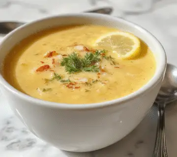 A creamy artichoke soup in a shallow bowl, garnished with lemon zest and fresh herbs. The soup has a velvety texture with a pale green hue, contrasted with bright yellow lemon slices on top. The bowl rests on a rustic wooden table, with a lemon wedge and sprigs of herbs nearby, evoking a fresh and inviting summer dish.