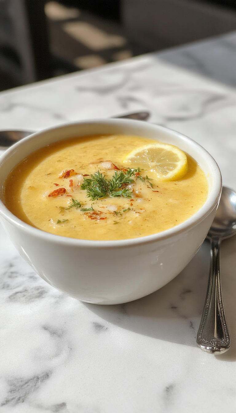 A creamy artichoke soup in a shallow bowl, garnished with lemon zest and fresh herbs. The soup has a velvety texture with a pale green hue, contrasted with bright yellow lemon slices on top. The bowl rests on a rustic wooden table, with a lemon wedge and sprigs of herbs nearby, evoking a fresh and inviting summer dish.