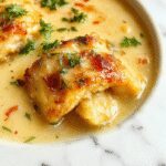 A bowl of creamy chicken pot pie soup with chunks of chicken, vegetables, and a golden, flaky pastry topping. The soup is steaming hot and garnished with fresh herbs, served in a rustic white bowl on a wooden table.