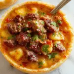 A steaming bowl of Philly Cheesesteak soup with tender shredded beef, melted cheese, and sautéed peppers and onions, garnished with fresh herbs. The soup is served in a rustic bowl, with a spoon resting on the side, showcasing the creamy, hearty texture and vibrant colors of the ingredients.